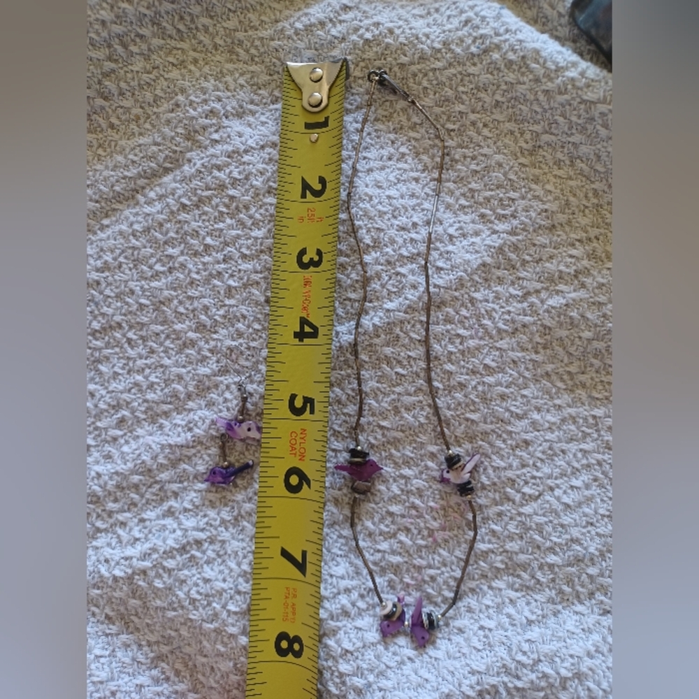 Vintage Native Purple Liquid Silver Bird Fetish Necklace And Earring Set - Picture 7 of 13
